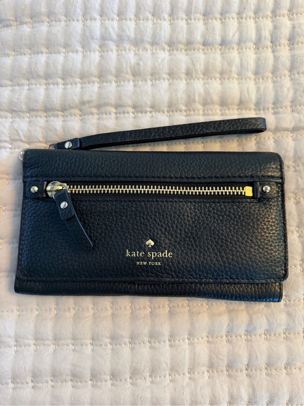 kate spade Black Pebbled Leather Wristlet with Gold Hardware